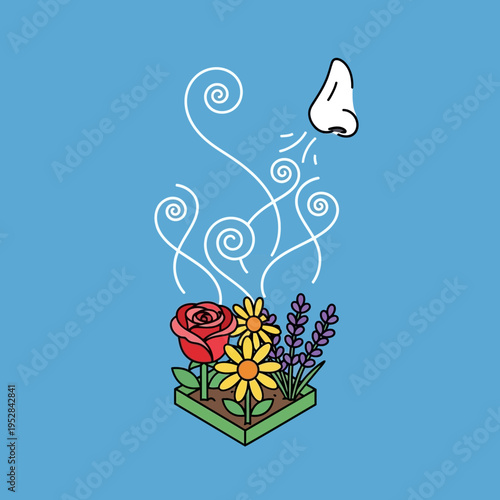 A colorful illustration of a nose smelling a variety of flowers, emitting scent.