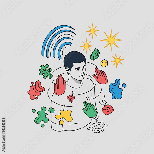 Illustration depicting a person surrounded by abstract shapes and symbols, representing thoughts.