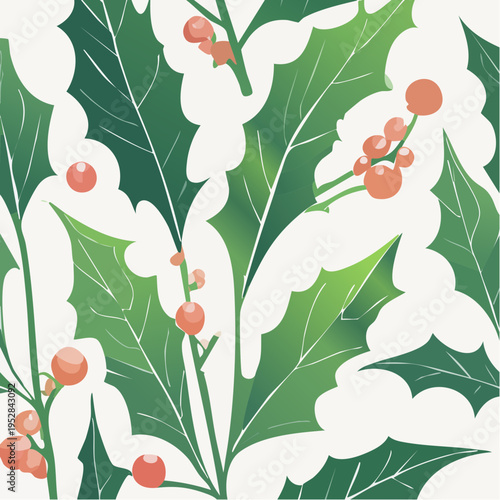 Seamless Christmas Pattern with Green Holly Leaves and Red Berries Vector Illustration