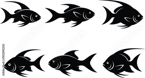 Black fish silhouettes on white background aquatic animals
