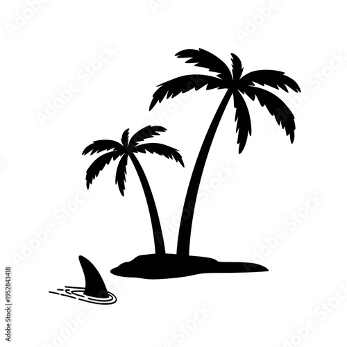 Tropical island silhouette vector illustration with palm trees water and shark fin symbolizing isolation and danger