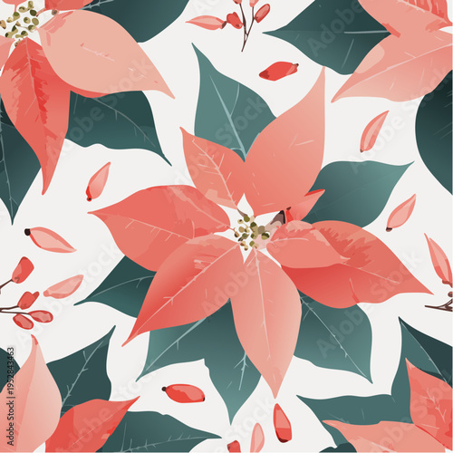 Elegant Seamless Poinsettia Floral Pattern with Stylized Coral Flowers and Teal Leaves for Holiday Textile Backgrounds and Winter Decor Design