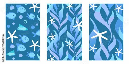 Three vertical panels display vibrant blue underwater themed seamless patterns