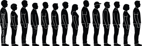 Side view silhouette of diverse people standing in line, queue concept, crowd waiting isolated vector illustration