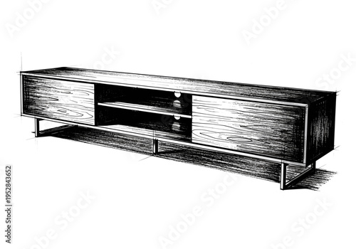 Modern wood grain media console with open shelving and metal legs, hand-drawn sketch