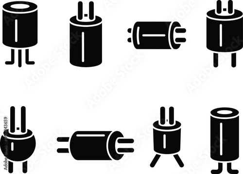 Minimalist cartoon illustration of anthropomorphic electrical plugs and capacitors with unique legs and prongs, modern black silhouette design for 