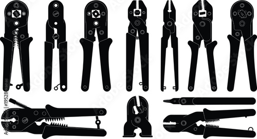 Silhouette collection of essential electrical hand tools including wire strippers, crimpers, and pliers for 