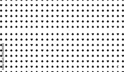 Seamless repeating pattern of black playing card suits including spades, hearts, diamonds, and clubs arranged in geometric grid design for backgrounds, wallpapers, and decorative projects