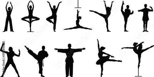 Dance and martial arts silhouette collection showing fitness, ballet, yoga and combat poses, active movement isolated vector illustration set