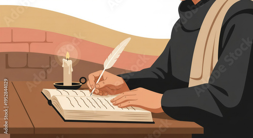 Monk writing in an ancient book with a quill candlelight  