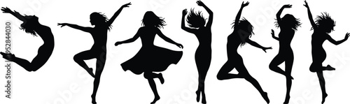 Silhouette of dancing women jumping, energetic movement, freedom expression, dynamic poses, modern dance isolated vector illustration