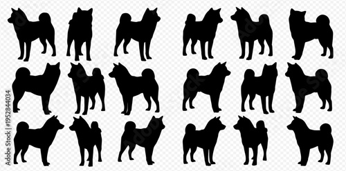 Set of black dog silhouettes, including various breeds like Akita, Shiba Inu, and other canine companions, isolated on a white background.