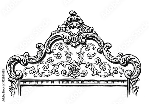 Intricate black and white drawing of a baroque headboard with floral and scrollwork details