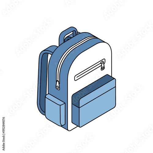 Isometric illustration of a blue and white backpack with multiple compartments and a handle.