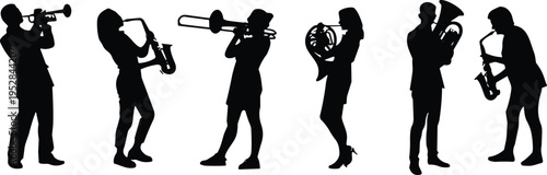 Jazz band musician silhouettes playing trumpet, saxophone, trombone and French horn, live music performance vector set, orchestra instrumentalists isolated in black design