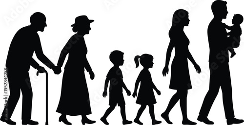 Silhouette of family generation walking together, grandparents parents children bonding, life stages concept isolated vector illustration