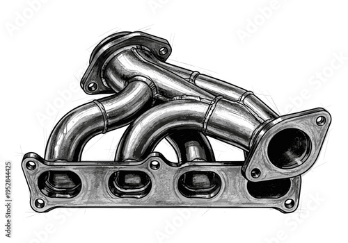 Detailed sketch of a polished chrome exhaust manifold for a car engine