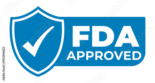 Blue FDA Approved isolated sticker, sign with Tick inside Shield icon vector illustration