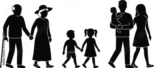 Silhouette of multigenerational family walking together, grandparents parents children bonding, life stages concept isolated vector illustration