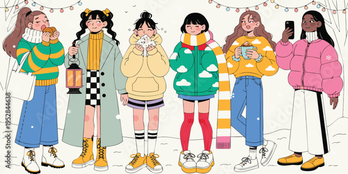 Six diverse young women wearing colorful winter clothing standing together in a snowy outdoor scene