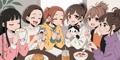 A group of six diverse young women enjoying a cheerful morning gathering in a cozy bright cafe
