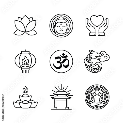 Collection of nine distinct cultural and spiritual icons.