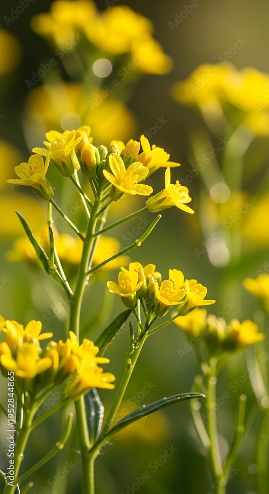 Fototapeta premium Close-up of vibrant yellow wildflowers in natural sunlight.