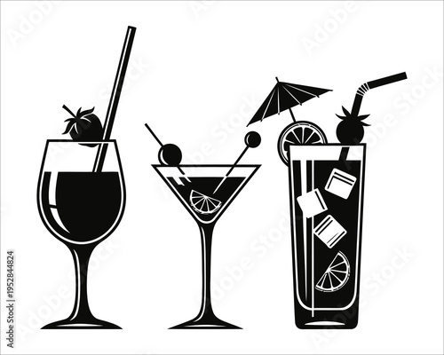 Cocktail illustration with three glasses and garnishes