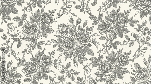 Vintage floral pattern featuring intricate roses and leaves on a light background, ideal for textiles