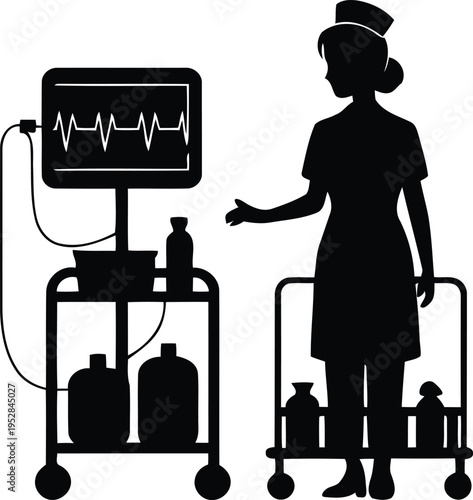 Nurse presenting a heart monitor display with medical equipment