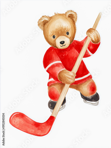 Cute cartoon bear character playing ice hockey with a hockey stick and puck, wearing skates on a white background, ideal for children's illustrations and designs