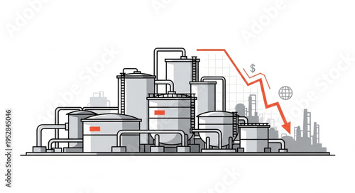 Oil Industry Decline - Tanks and Falling Arrow Illustration.