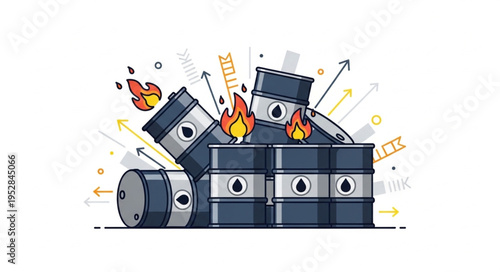 Illustration of Oil Barrels on Fire with Arrows Indicating Price Increase.