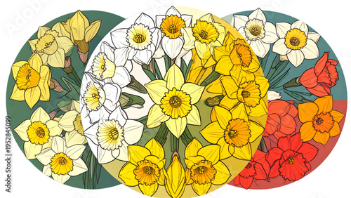 Vector illustration of colorful daffodil flowers arranged in circular pattern with yellow petals, white blossoms, orange centers, and green leaves