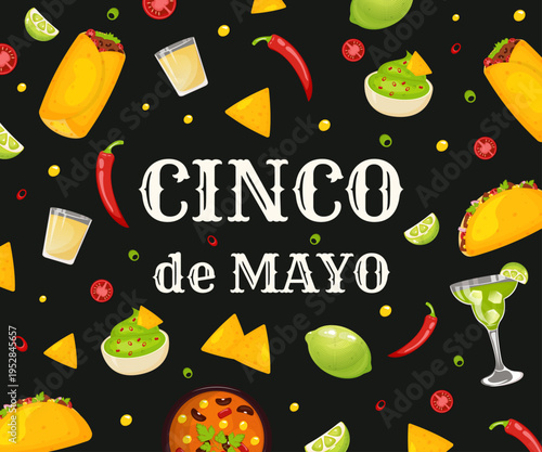 Cinco de Mayo celebration banner. Festive Mexican food background with tacos, burritos and margaritas.