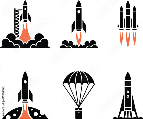 Space travel icons depicting rockets parachutes and launches