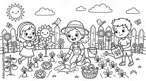 Children gardening together outdoors happily.