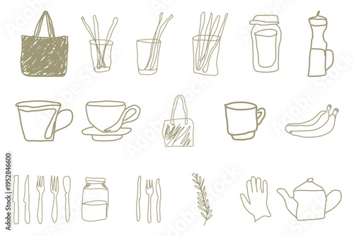 Hand drawn eco friendly lifestyle doodle set with zero waste kitchen elements.