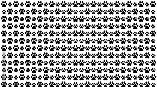 Repeating pattern of black paw prints on a white background, ideal for pet-related designs