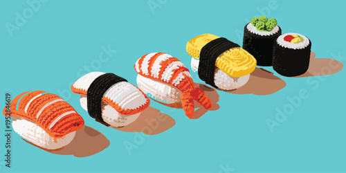 Sushi illustration set, Japanese cuisine design, nigiri maki motif artwork, traditional food symbol, culinary decorative motif, restaurant artwork, vibrant vector drawing