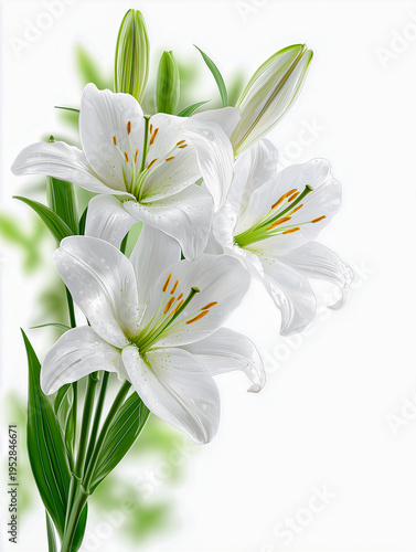 White lilies with green leaves arranged elegantly on a plain background, showcasing delicate petals and intricate details of the floral design