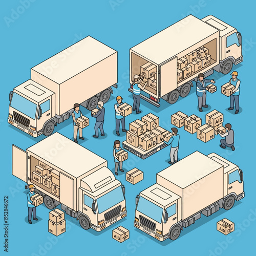 Isometric illustration of delivery trucks with workers loading and unloading packages for transport.