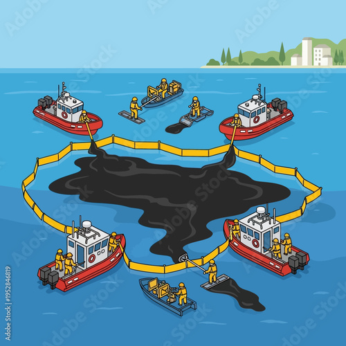 Illustration depicting oil spill containment and cleanup operations at sea with boats and booms.