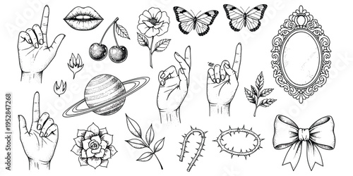 Tattoo style hand gestures, lips cherries flowers, butterflies leaves planet Saturn, decorative mirror frame bow letter M, thorny vines, flat vector illustration
