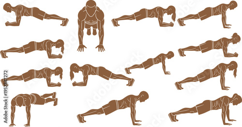Push Up Exercise Silhouette Vector Set Featuring Male and Female Workout Positions for Fitness Training, Strength Building, Home Workout, and Gym Activity Design