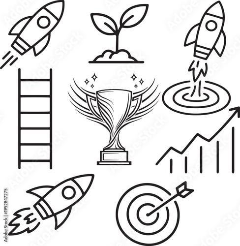 A collection of business success and startup growth icons featuring rockets and achievement goals