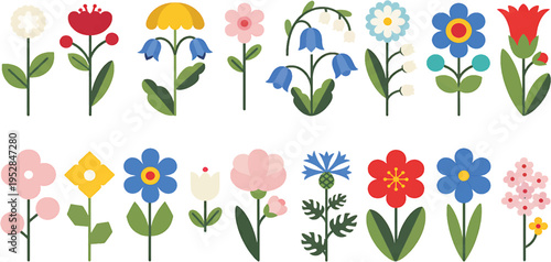 Floral design elements, abstract folk style flowers set. Spring and summer blossoms with delicate petals, leaves. Nature decor of geometric shape.