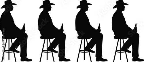 Cowboy silhouette, sitting on stool, holding bottle, Western culture, repetition pattern, solitude theme, rural lifestyle, black and white illustration