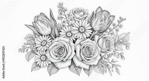 bouquet of blooming flowers pencil drawing, roses tulips and daisies arranged elegantly, detailed pencil shading and line work, classic botanical illustration style, natural composition on textured