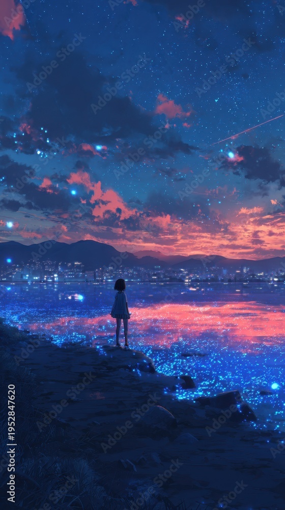 Obraz premium Girl Gazing at Starry Night Sky Over City